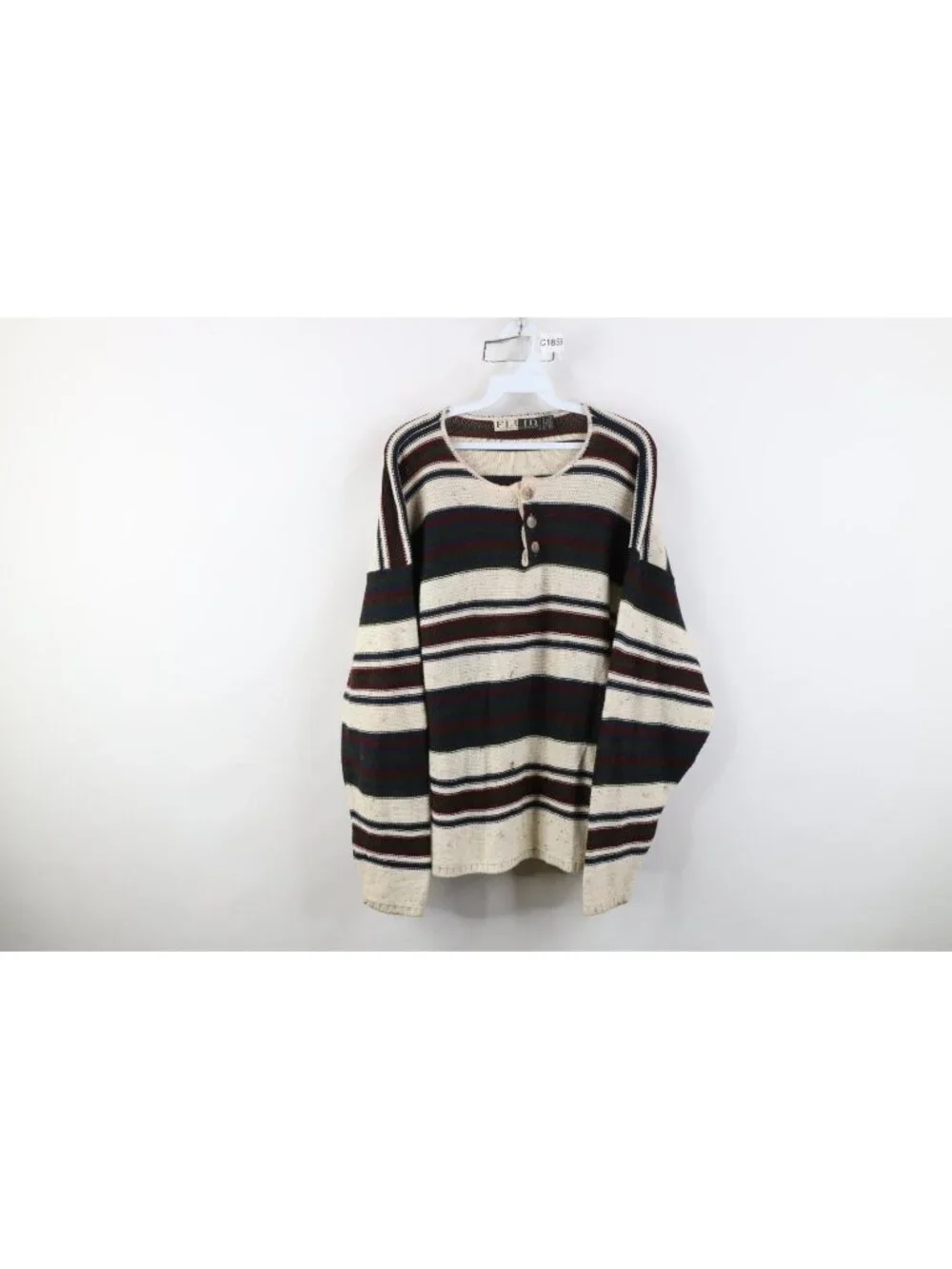Vintage 90s Streetwear Mens Medium Striped Color Block Knit Henley Sweater USA